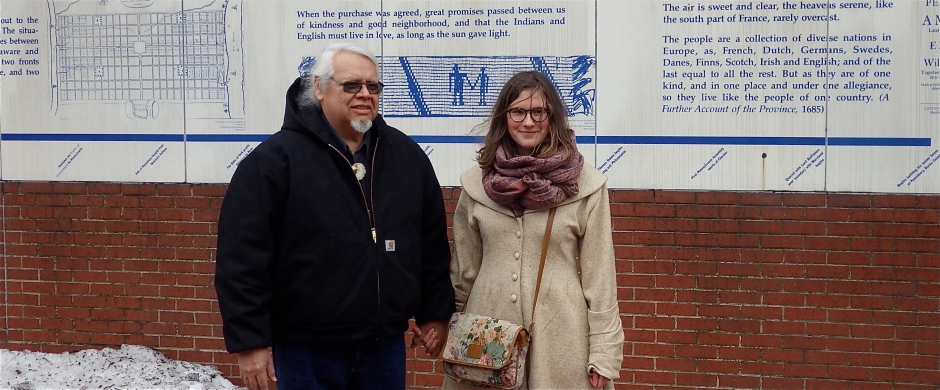 Rick Hill (Director of the Deyohahá:ge: Indigenous Knowledge Centre) and me holding hands at the Wampum Lot in Philadelphia