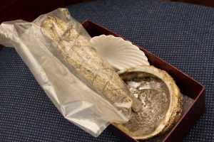A box of smudging materials is available for use by museum visitors. Photo by Stephanie Mach.